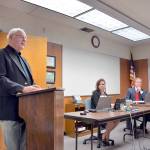 Bill Kindler gives a report on the Port Angeles Education Foundation during the Jan. 4 school board meeting while Jennifer Wilson and Superintendent Marc Jackson listen on. (Patsene Dashiell/Port Angeles School District)