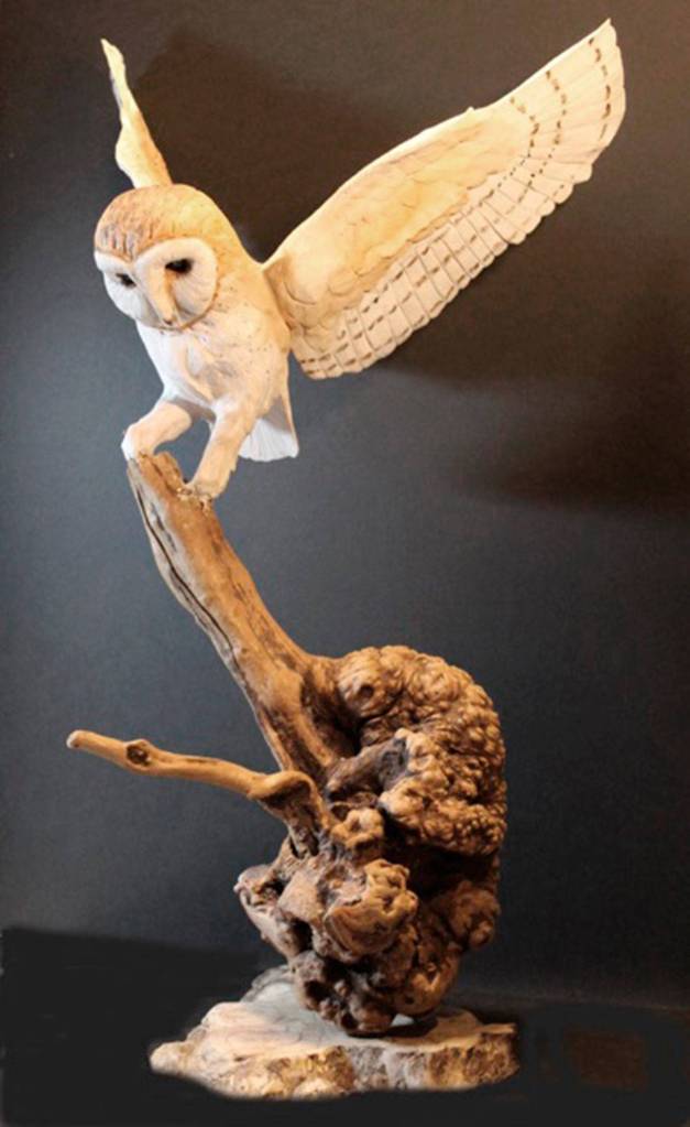 The Blue Whole Gallery will exhibit work by Joyce Volmut, such as Time Spirit, and Jeannine Chappell, such as Boreal Owl, shown here.