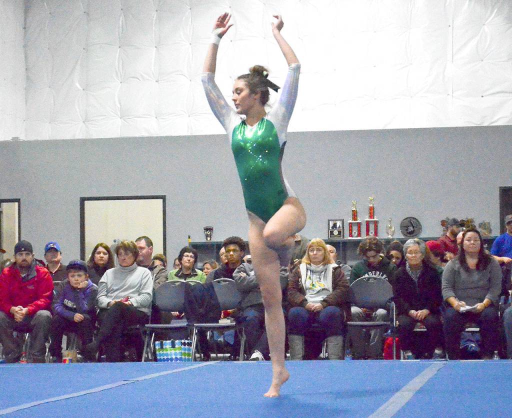 Port Angeles Gymnastics Port Angeles Devon Scribner competes in the floor exercise at the Class 2A/3A Olympic/PCL/SSC Subdistrict Championships in Fife.
