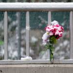 Snow-covered flowers sit on the edge of the eastern Eighth Street Bridge in Port Angeles on Wednesday. The state House and Senate draft transportation budgets include funding to help build suicide barriers on both of the bridges. (Jesse Major/Peninsula Daily News)