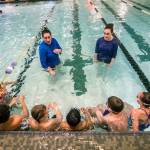 Sarah Tiemersma, left, and her sister, Brianna Tiemersma, lead swimming lessons at William Shore Memorial Pool in Port Angeles. The pool is poised to receive $1.5 million from the state to help finance the upcoming pool expansion. (Jesse Major/Peninsula Daily News)