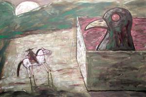 Gaylen Hansens Kernal and Bird, 2002, 30-inch-by-40-inch, features the Kernal, who bears a strong resemblance to Hansen and is found in many of his paintings. Five artists migrate from the Palouse to the Peninsula for the next exhibit at the Jefferson Museum, opening this month.