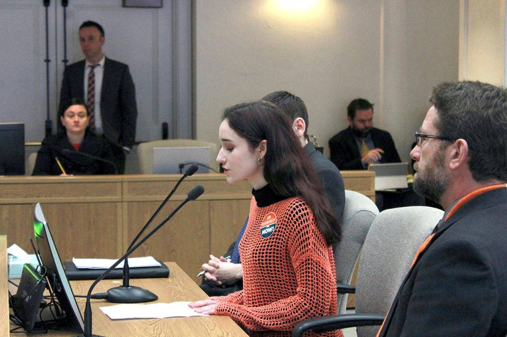 Johna Munsen, 18, a senior at Ingraham High School in Seattle, testified at the hearing for SB 6620 on Tuesday. The school is planning a walkout March 14. (Taylor McAvoy/WNPA Olympia News Bureau)