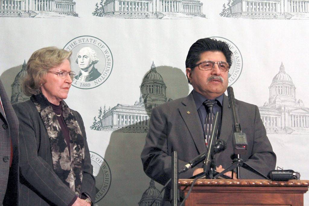 Toppenish School District Superintendent John Cerna speaks at a press conference Wednesday about his existing program arming certain trained school administrators. (Taylor McAvoy/Washington Newspaper Publishers Association)