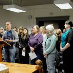 Members of Jefferson County Employees UFCW 21 address the county commissioners. Their contract expired in December 2017. Brad Stone, center, presented a signed petition with comments about the contract from 75 union members. (Jeannie McMacken/Peninsula Daily News)