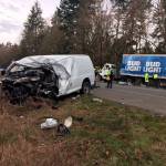 The Port Angeles man driving this van was killed in a three-vehicle wreck on state Highway 3 near Poulsbo on Tuesday morning. (Trooper Russ Winger/State Patrol)