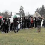 More than 300 members of the Port Townsend High School student body stood in the rain to participate in Wednesdays demonstration to denounce gun violence on school campus. (Jeannie McMacken/Peninsula Daily News)