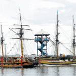 The tall ships Hawaiian Chieftain, left, and Lady Washington, both home ported in Grays Harbor, sit moored at Port Angeles City Pier in May 2011. (Keith Thorpe/Peninsula Daily News)