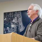 Steve Oliver, Northwest Maritime Center board president, addresses the Port of Port Townsend commission at its meeting. (Jeannie McMacken/Peninsula Daily News)