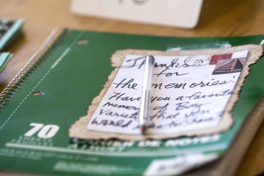 Customers have been writing down their memories of Bay Variety in this notebook at the front of the store. (Jesse Major/Peninsula Daily News)