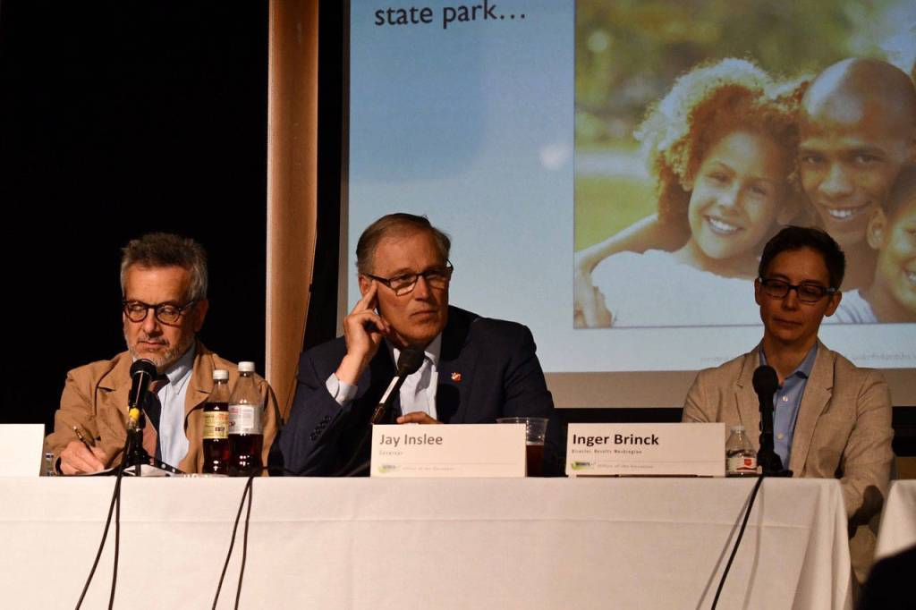 Gov. Jay Inslee held the Results Washington review in Port Townsend on Tuesday. Its mission is to create a more responsive, data-driven and human centered state government. His goal is to create better results for all residents through listening and creating stronger communities. Staff members included Chief of Staff David Postman and Inger Brinck, Results Washington director. (Jeannie McMacken/Peninsula Daily News)