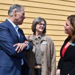 Gov. Jay Inslee talks with Port Townsend Mayor Deborah Stinson, center, and county Commissioner Kate Dean at the conclusion of the Results Washington review held at the Northwest Maritime Center on Tuesday. (Jeannie McMacken/Peninsula Daily News)