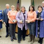 From left, Jennifer Burkhardt, chief human resources officer; Eric Lewis, CEO; Nancy Dahll; Patty Wood; Jena Hutton, RN; Laurie Elmer, RN; and Tom Oblak, hospital commissioner.