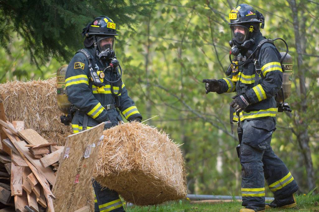 Firefighters grab straw to burn during the training session. (Jesse Major/Peninsula Daily News)
