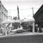 On May 7, 1992, the Maritime Bicentennial Committee hoisted the Bicentennial Arch into position at the intersection of Water and Taylor streets in Port Townsend. (Jefferson County Historical Society)