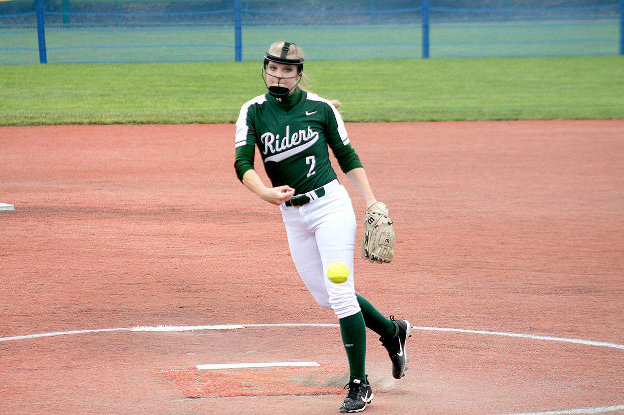 Port Angeles Callie Hall pitched a shutout against Steilacoom in the Roughriders opening game of the West Central District 3 Tournament in Lacey. Hall gave up just four hits and not walks in an 11-0 Riders win. (Mark Krulish/Kitsap News Group)