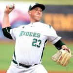 Port Angeles Brody Merritt pitches against Mountlake Terrace on Saturday. Merritt went four scoreless innings, but a Riders comeback fell short as they lost 5-2. (David Willoughly/for Peninsula Daily News)