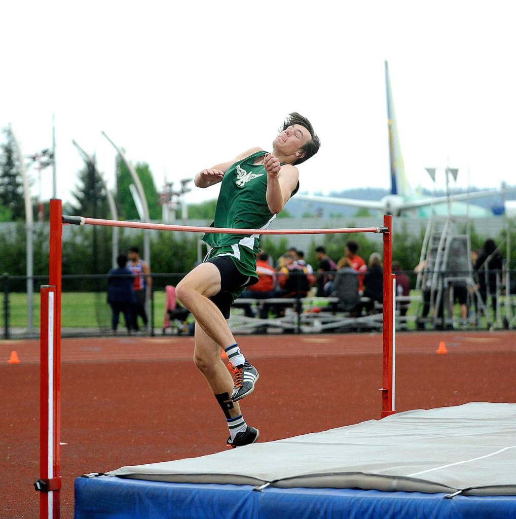 Port Angeles Liam Clark competes in the high jump at the West Central District III championships Saturday. Clark finished third in the event to qualify for the 2A state championships later this week. (By Michael Dashiell/Olympic Peninsula News Group)