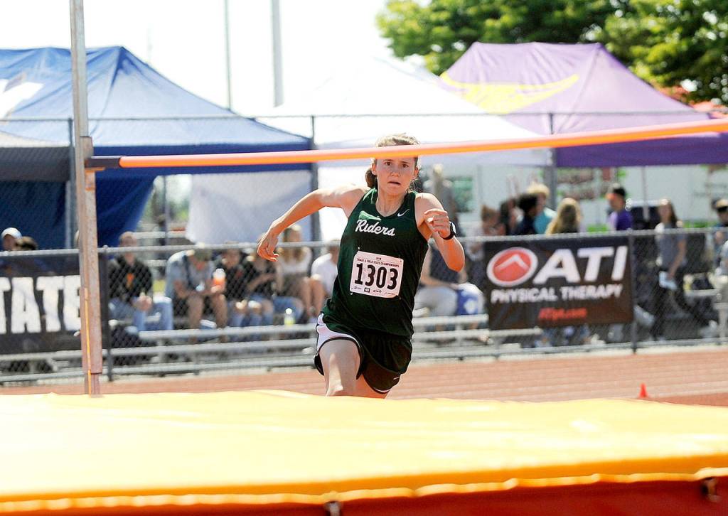 Port Angeles Delaney Wenzl prepares to jump in the high jump at the 2A state Track and Field Championships at Mount Tahoma High School. Wenzl finished 11th with a height of 4-10, tied with teammate Gracie Long. (Michael Dashiell/Olympic Peninsula News Group)