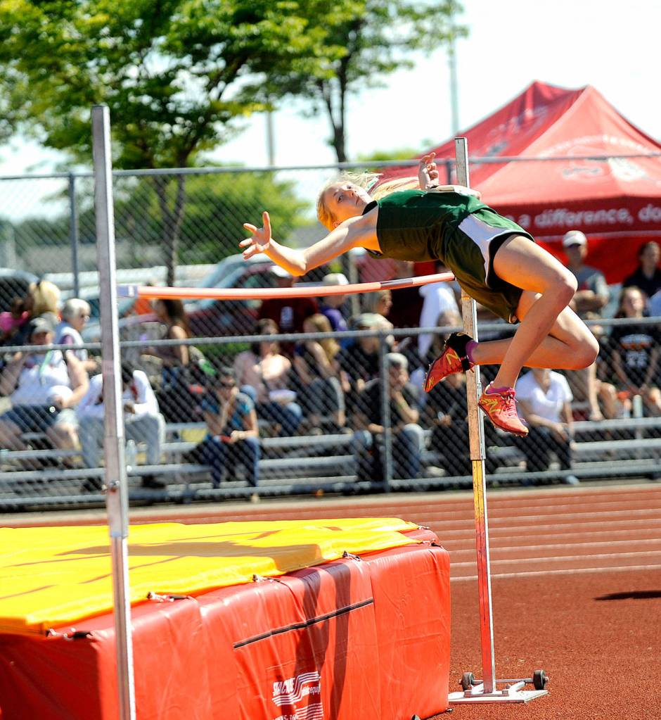 Port Angeles Gracie Long, clears the bar in the high jump at the 2A state Track and Field Championships at Mount Tahoma High School. Long finished 11th in the state with a height of 4-10. (Michael Dashiell/Olympic Peninsula News Group).