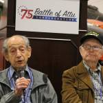 World War II veterans Allan Seroll of Massachusetts, left, and William Roy Dover of Alabama attend a 75th anniversary celebration of the Battle of Attu in Anchorage, Alaska, on May 19. (Mark Thiessen/The Associated Press)