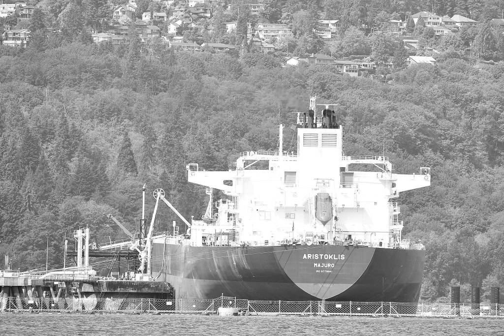 <strong>Jonathan Hayward</strong>/The Canadian Press via AP                                An oil tanker is seen at Kinder Morgans Trans Mountain marine terminal in Burnaby, B.C., on Tuesday.