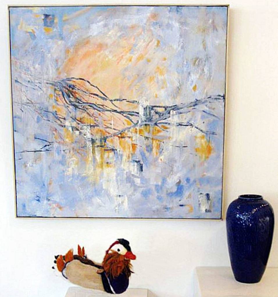 In back, Spring Weather by Carol Janda, a blue vase by Gregory Felando and Mandarin Duck by Terri Biondolino will be shown at Blue Whole Gallery tonight.