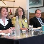 District Court 1 candidates, from left, Suzanne Hayden, Pam Lindquist and Dave Neupert listen to the ground rules for their voters forum Tuesday before making presentations and answering questions at the Port Angeles Business Association breakfast meeting. (Paul Gottlieb/Peninsula Daily News)