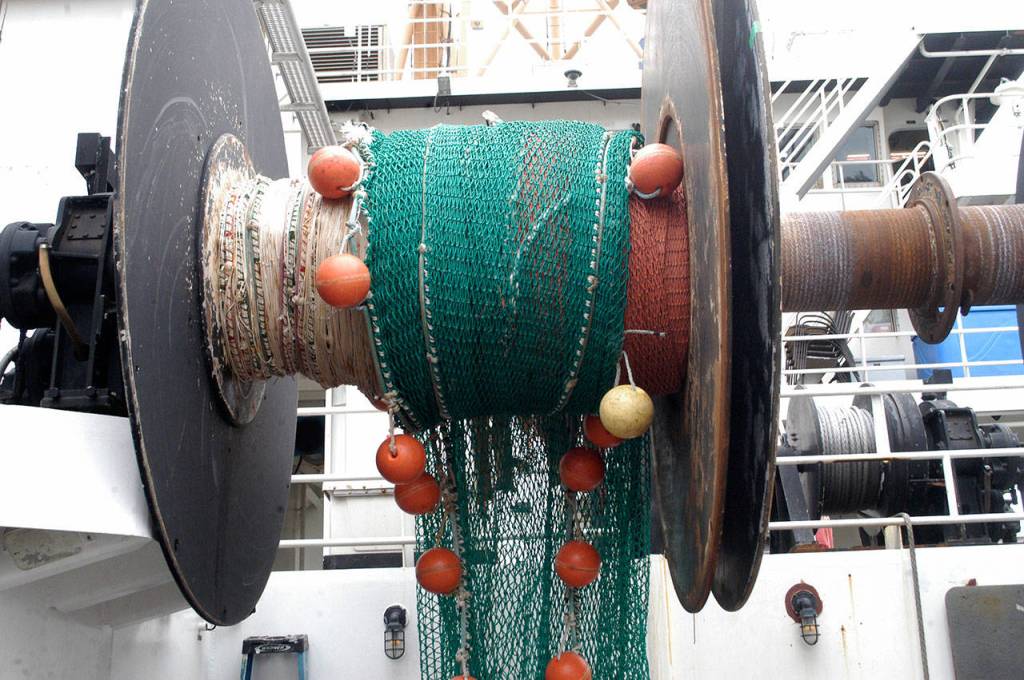 Scientists on the NOAA ship Bell M. Shimada planned to use this 20- by 30-meter net and other gear to conduct surface trawls to study salmon and other species in the Olympic Coast National Marine Sanctuary. (Rob Ollikainen/Peninsula Daily News)