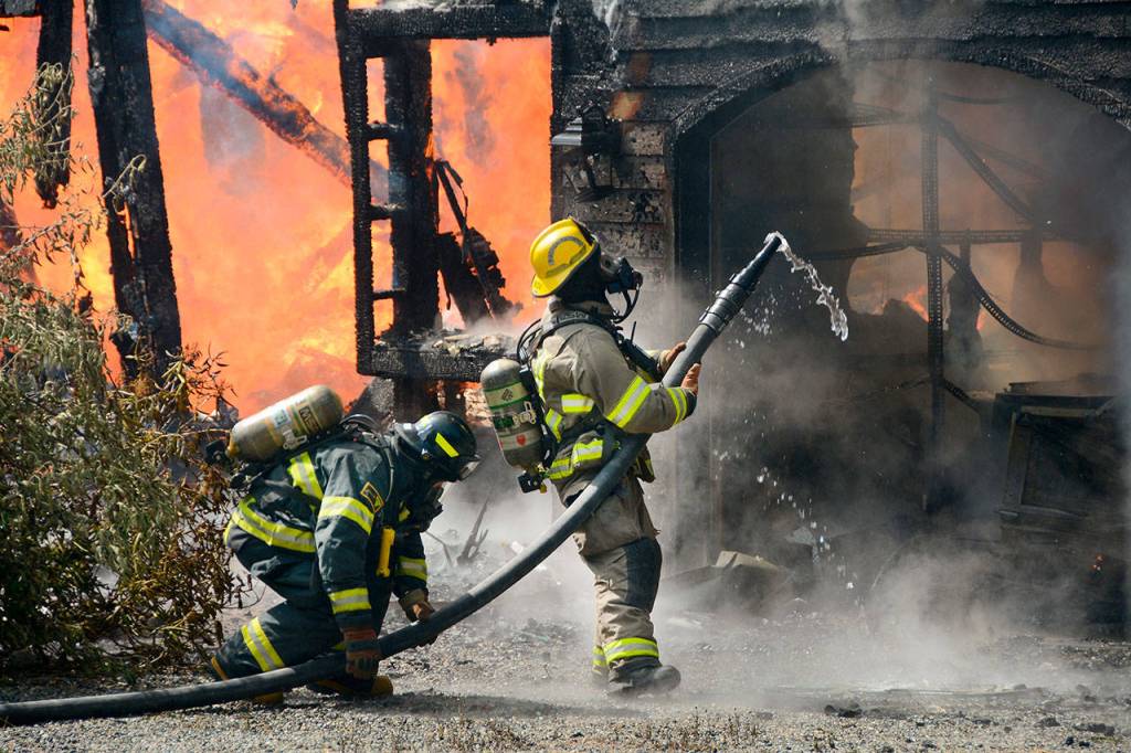 Structure fire photos from 131 Pristine Lane off of Lake Farm Road on Tuesday afternoon. (Jay Cline/Clallam Fire District No. 2)