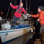 Canadian based Team Lagopus pulls into dock for a second-place finish Sunday during the Race to Alaska finish at Thomas Basin. (Dustin Safranek/Ketchikan Daily News)