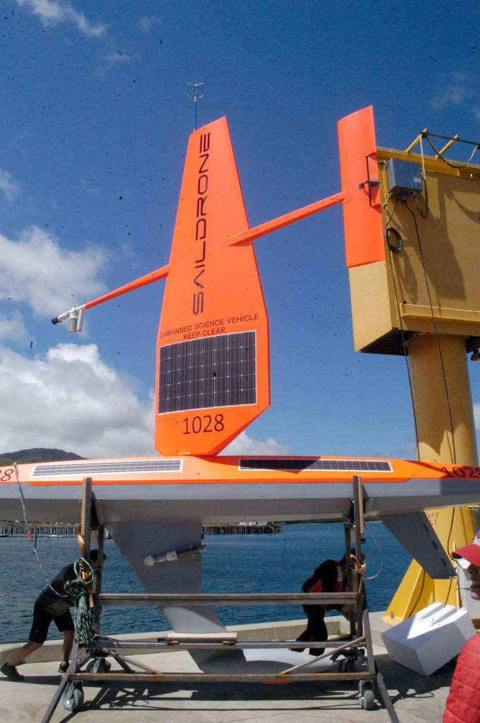 A Saildrone out of the water. NOAA Fisheries, Saildrone Inc. and Fisheries and Oceans Canada have teamed up to launch five Saildrones this summer to test their accuracy and efficiency in assessing West Coast fish stocks. (Rob Ollikainen/Peninsula Daily News)