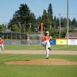 Lefties starter Tyler Oldenberg pitched 6 2/3 innings to win Mondays game. At third base is Brady Heid, who hit two home runs, including a grand slam. (Pierre LaBossiere/Peninsula Daily News)