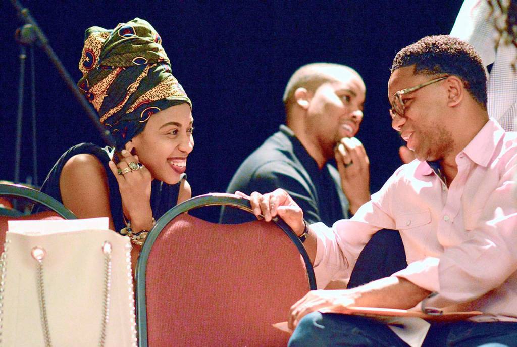 Vocalist Jazzmeia Horn chats with vibes man Stefon Harris at the Jazz Port Townsend workshop orientation Sunday at Fort Worden State Park. The performers will appear in concerts at the fort this weekend. (Diane Urbani de la Paz/for Peninsula Daily News)