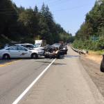 A four-vehicle chain reaction of collisions near South Shore Road block traffic in both directions on U.S. Highway 101 on Monday. (Clallam County Fire District No. 2)