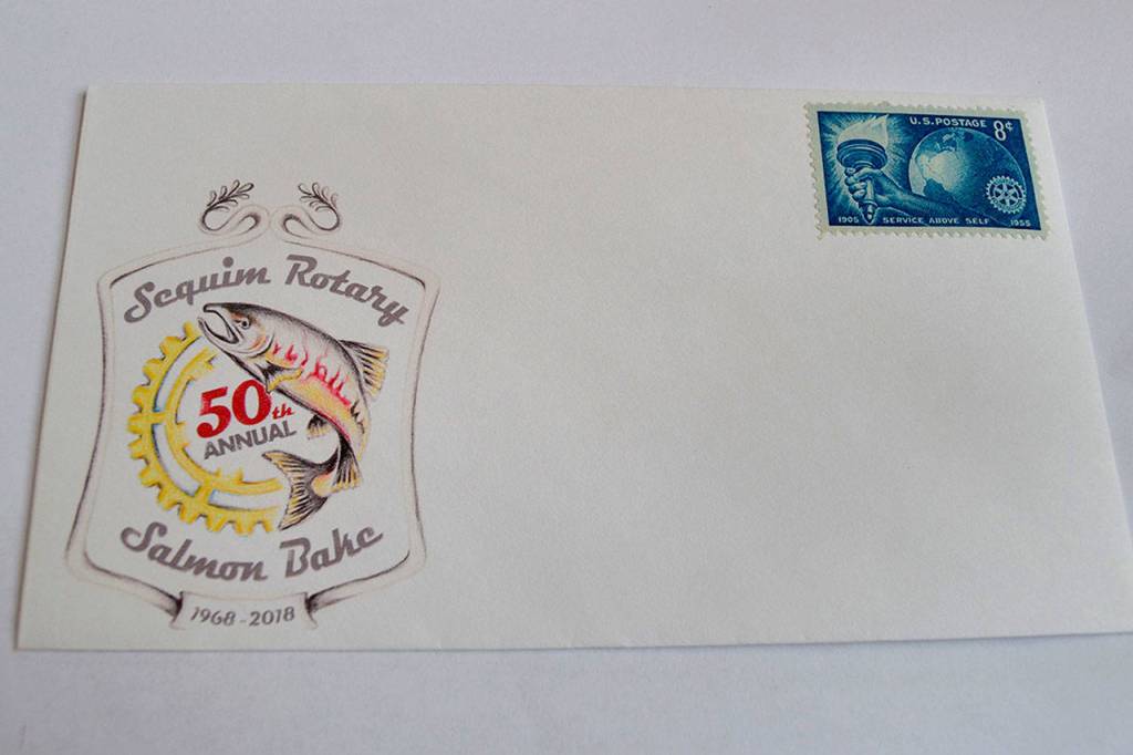 This year, the Strait Stamp Society celebrates 50 years of the Rotary Club of Sequims Salmon Bake on Sunday at the Sequim unit of the Boys Girls Clubs of the Olympic Peninsula. Visitors to the Strait Stamp Show on Saturday at the Sequim Masonic Lodge can purchase an envelope, cancel and a 1955 Rotary stamp. (Matthew Nash/Olympic Peninsula News Group)