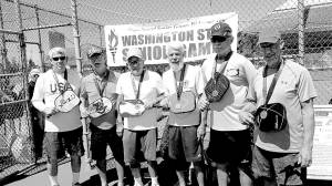 Pickleball players from left, David Davidson, Norio Nishiguchi, Bob Sester of Sequim, Steve Bennett of Port Angeles and former Peninsula College mens basketball coach Don Huston, participated in the Washington State Senior Games last weekend.                                Pickleball players from left, David Davidson, Norio Nishiguchi, Bob Sester of Sequim, Steve Benett of Port Angeles and former Peninsula College mens basketball coach Don Huston, participated in the Washington State Senior Games last weekend.