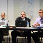 Chief Civil Deputy Prosecuting Attorney Philip Hunsucker, center, presented an overview of the Draft commercial shooting facility ordinance to the Jefferson County Board of Commissioners with Central Services Director Mark McCauley, right, who chaired the review committee. County Administrator Philip Morley also participated in the discussion. (Jeannie McMacken/Peninsula Daily News)