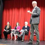 Port Townsend Superintendent of Schools John Polk answers parents questions Thursday evening about the status of Salish Coast Elementary School. Also taking part in the discussion are, from left, Assistant Principal Shelby MacMeekin, Principal Lisa Condron and Kirk Robinson, project consultant. (Jeannie McMacken/Peninsula Daily News)