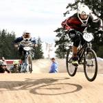Roughly 500 BMX riders from all around Washington were at Lincoln Park in Port Angeles this weekend for the Washington State BMX championships. On Sunday were the state championship triple-point races. Here, Joseph Ritchie of Port Angeles (No. 60), leads a pack of racers in the age 12 cruiser division. No. 51 Is Malcolm Evans from Bellingham. For results, be sure to check the sports section of the Peninsula Daily News on Tuesday. (Dave Logan/Peninsula Daily News)