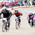 Ken Barley (278) from Bremerton is in the lead in the 40-45 Cruiser division at the Washington State BMX championships held at the Lincoln Park BMX track in Port Angeles on Sunday. Trailing are Shawn Bowers (249) from Spokane, Casey Cramer (15) from Des Moines Joseph Balsiger (35) from Bellingham. (Dave Logan/for Peninsula Daily News)