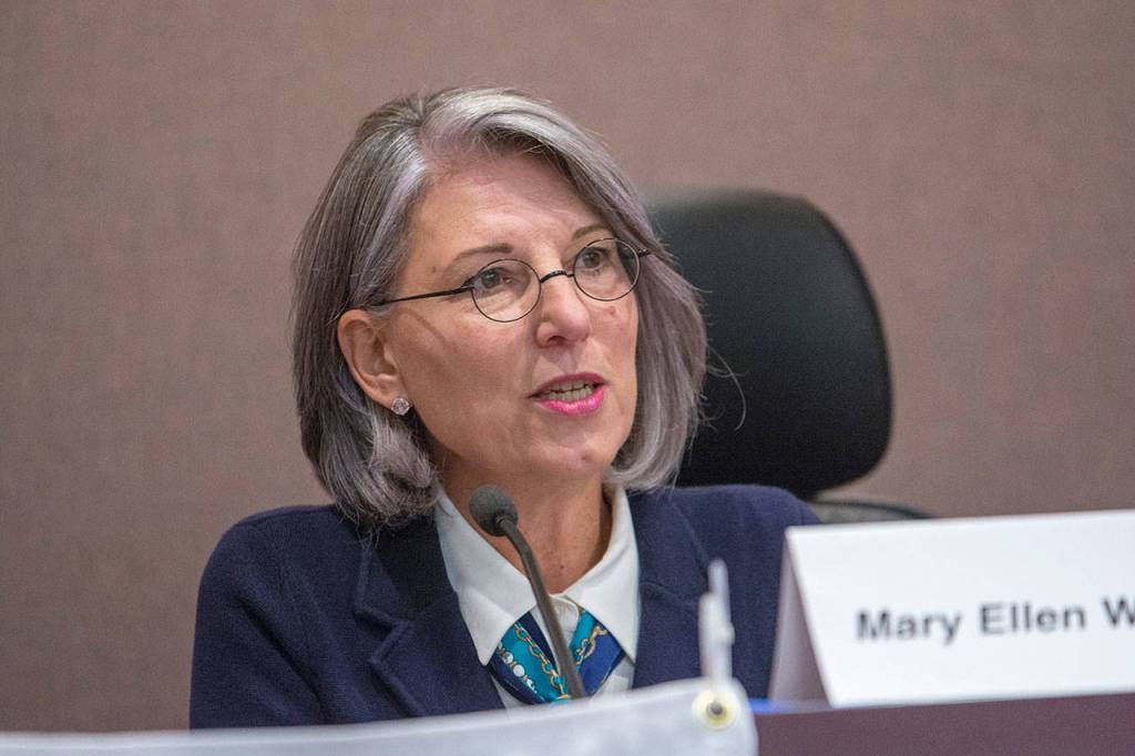 Clallam County Director of the Department of Community Development Mary Ellen Winborn answers questions during a League of Women Voters forum Wednesday. (Jesse Major/Peninsula Daily News)
