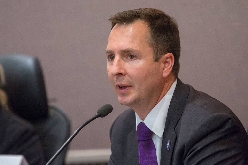 Clallam County Prosecuting Attorney Mark Nichols answers questions during a League of Women Voters forum Wednesday. (Jesse Major/Peninsula Daily News)