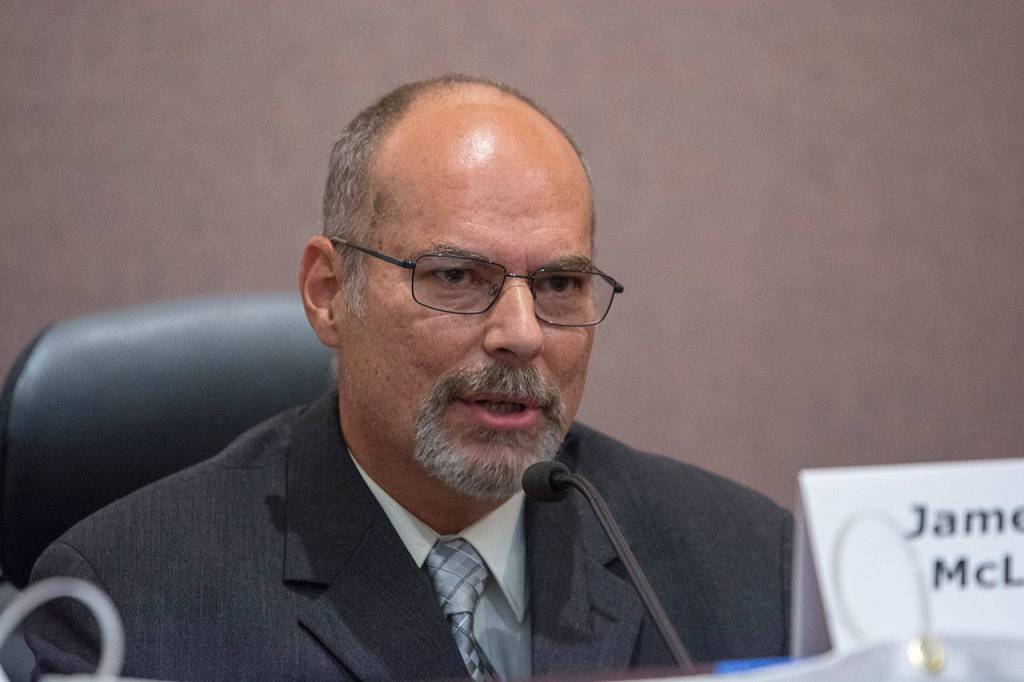 Jim McLaughlin, candidate for Clallam County sheriff, answers questions during a League of Women Voters forum Wednesday night. (Jesse Major/Peninsula Daily News)