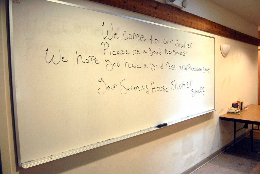A message of welcome greets visitors to the Serenity House shelter in Port Angles. (Keith Thorpe/Peninsula Daily News)