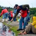Jamie and Gibson Hill of Sequim pull in a fish while Dave Dewald tries to net it at Kids Fishing Day in 2016. The Puget Sound Anglers-North Olympic Chapter announced this week they have to cancel their 2018 event because of warm temperatures. (Matthew Nash/Olympic Peninsula News Group)