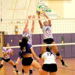 Sequims Kalli Wiker and Jayla Julmist battle at the net against the No. 1-ranked North Kitsap Vikings. The Wolves gave the Vikings all they could handle in a 3-2 loss. (Matthew Nash/Olympic Peninsula News Group)