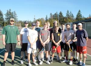 Pierre LaBossiere/Peninsula Daily News The Port Angeles tennis team features a ton of high school and Wilder baseball players. From left, front row are Landon Seibel, Wyatt Hall, Dan Basden, and Kyler Tourbin. From left, back row are, JV coach Karl Myers, Jaden Siebel, Lucas Jarnigan, Hayden Woods, Bo Bradow, Milo Whitman, Brady Nickerson and head tennis coach Brian Gunderson.                                Pierre LaBossiere/Peninsula Daily News The Port Angeles tennis team features a ton of high school and Wilder baseball players. From left, front row are Landon Seibel, Wyatt Hall, Dan Basden, and Kyler Tourbin. From left, back row are, JV coach Karl Myers, Jaden Siebel, Lucas Jarnigan, Hayden Woods, Bo Bradow, Milo Whitman, Brady Nickerson and head tennis coach Brian Gunderson.