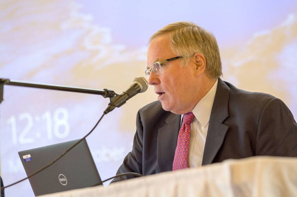 Jefferson County Chief Civil Deputy Prosecuting Attorney Philip Hunsucker answers questions from the Jefferon County commissioners during a special meeting Monday. (Jesse Major/Peninsula Daily News)