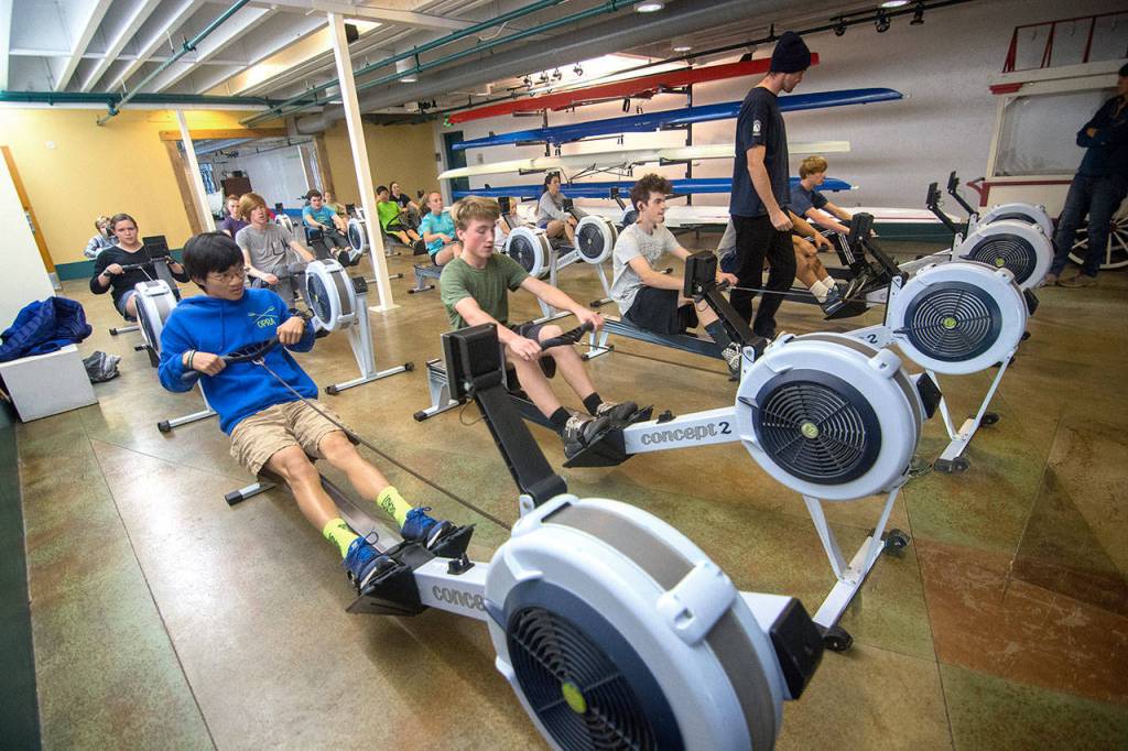 Olympic Peninsula Rowing Association junior rowers practice Tuesday at The Landing mall in Port Angeles. (Jesse Major/Peninsula Daily News)